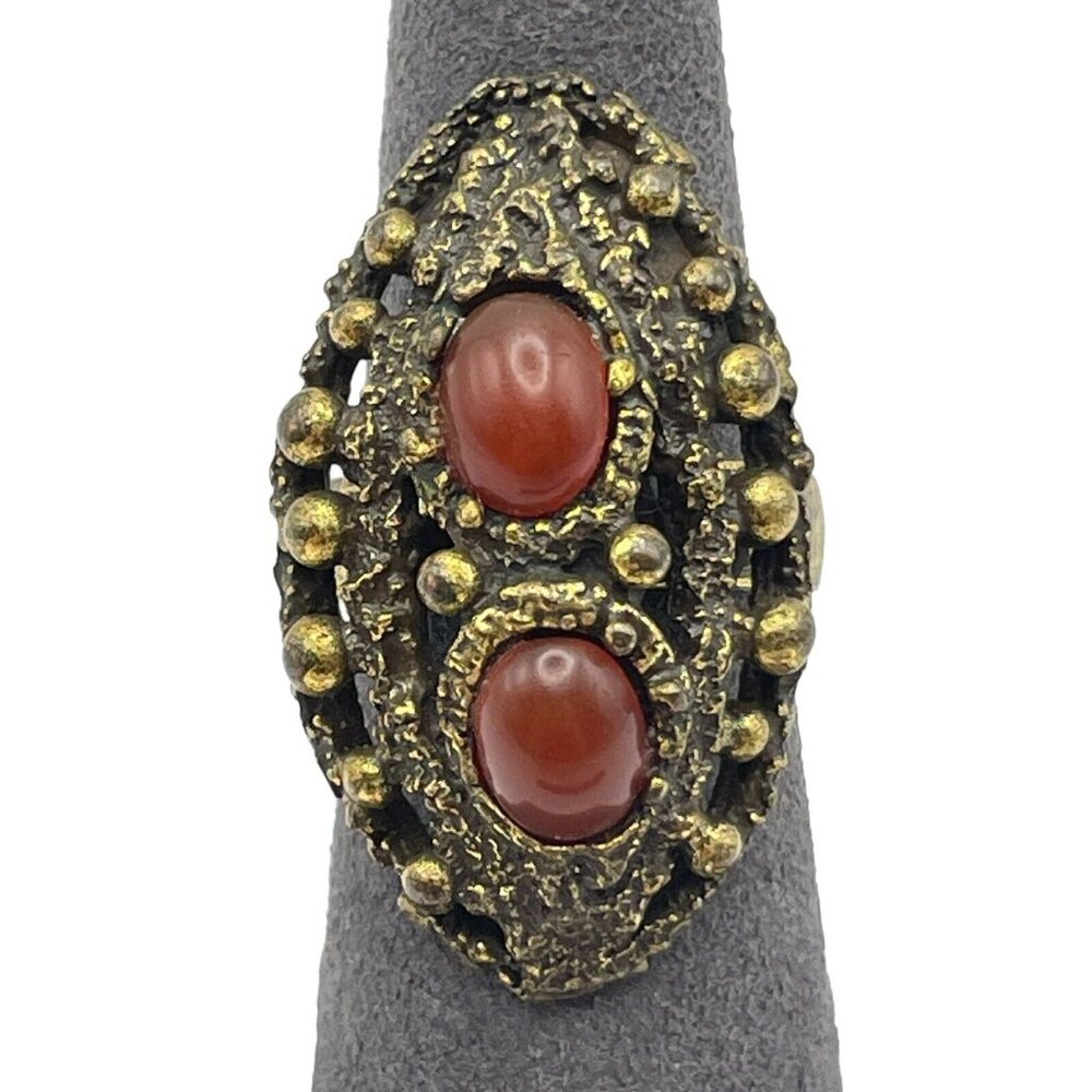 Copper Tone Red Lucite Acrylic Bead Coctail Ring Adjustable Size 6.5 BOHO Chunky